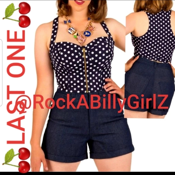 Tatyana Dasha Retro Pinup Navy Blue White Polka Dot ZipUp Bustier Bra Tank Top - Picture 1 of 9